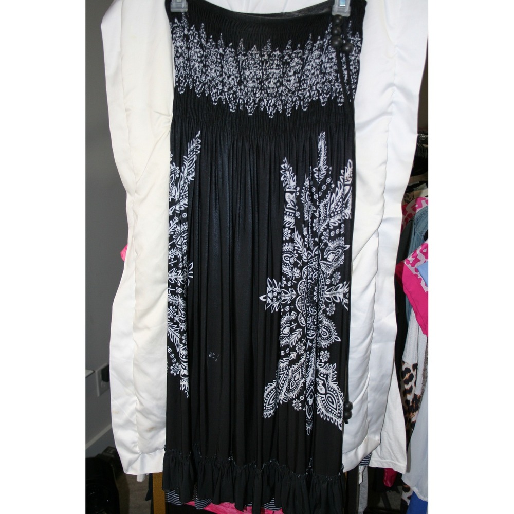 Cristinalove Womens Strapless Smocked Midi Dress Black White Paisley Floral Boho